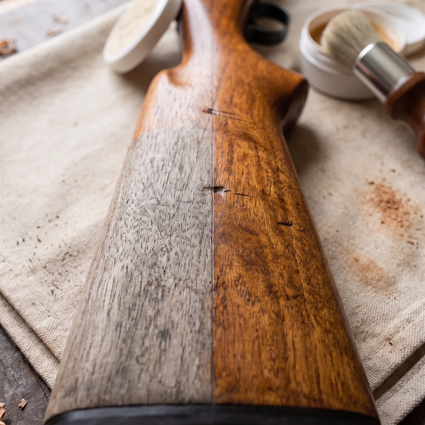 Half-done before and after on a grey walnut rifle stock