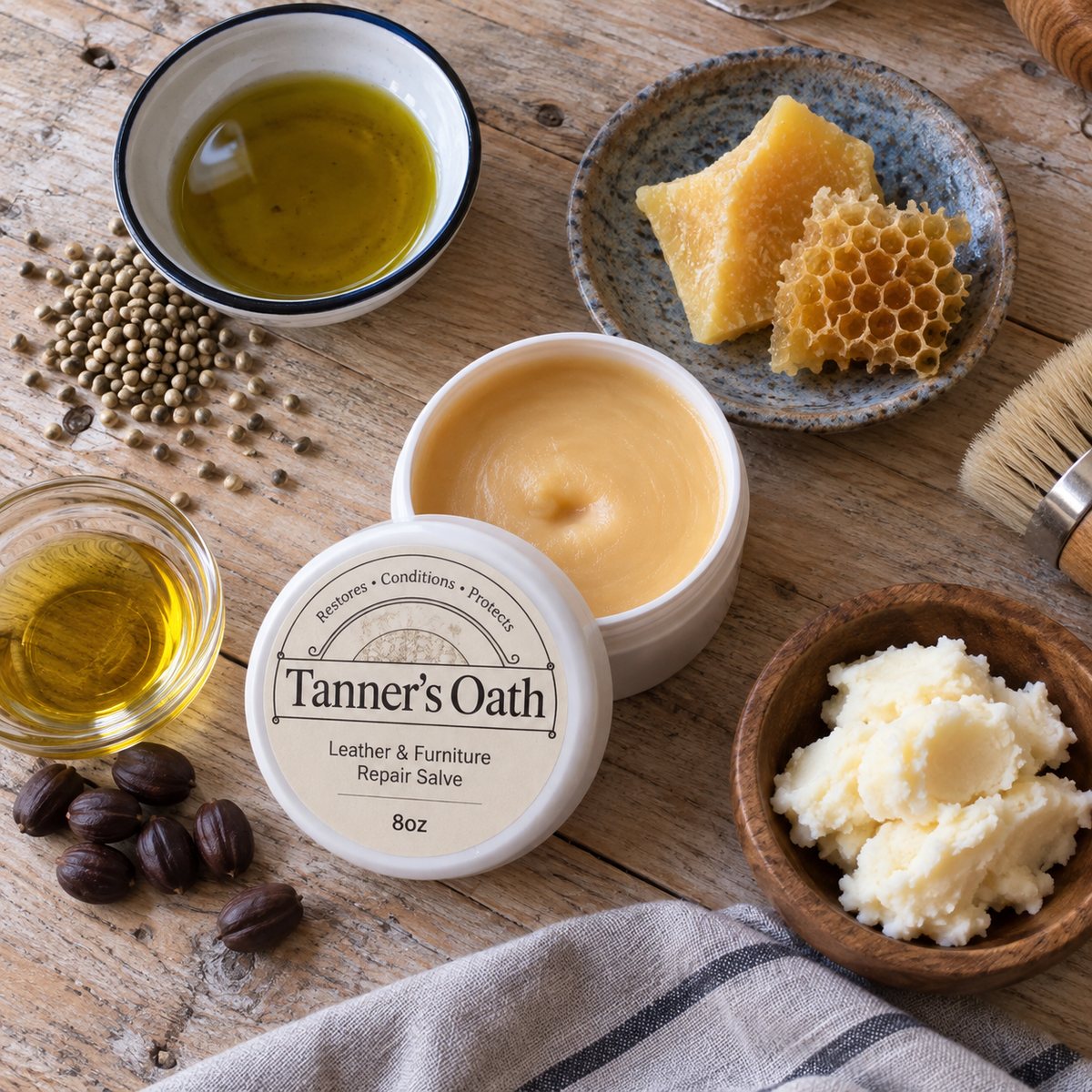 The open Tanner's Oath jar on a pine table surrounded by its ingredients: hemp seed oil, beeswax and honeycomb, jojoba oil and shea butter