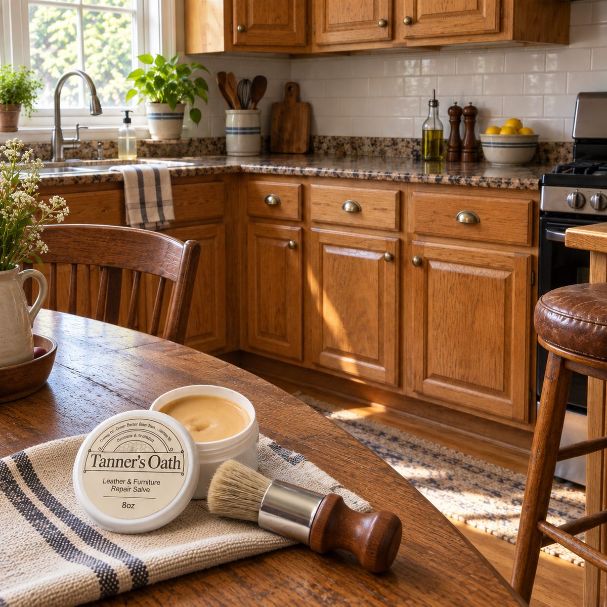 A warm oak kitchen with the Tanner's Oath jar and brush on the wooden kitchen table, a leather bar stool beside it