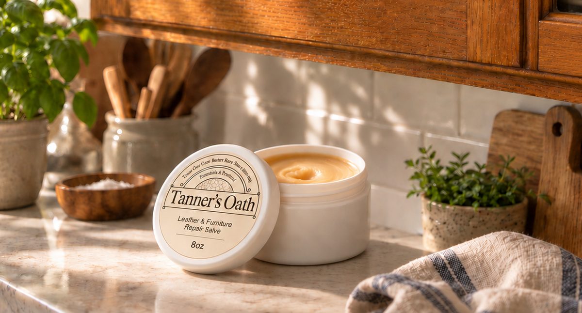 Tanner's Oath jar, open, on a kitchen counter under oak cabinets