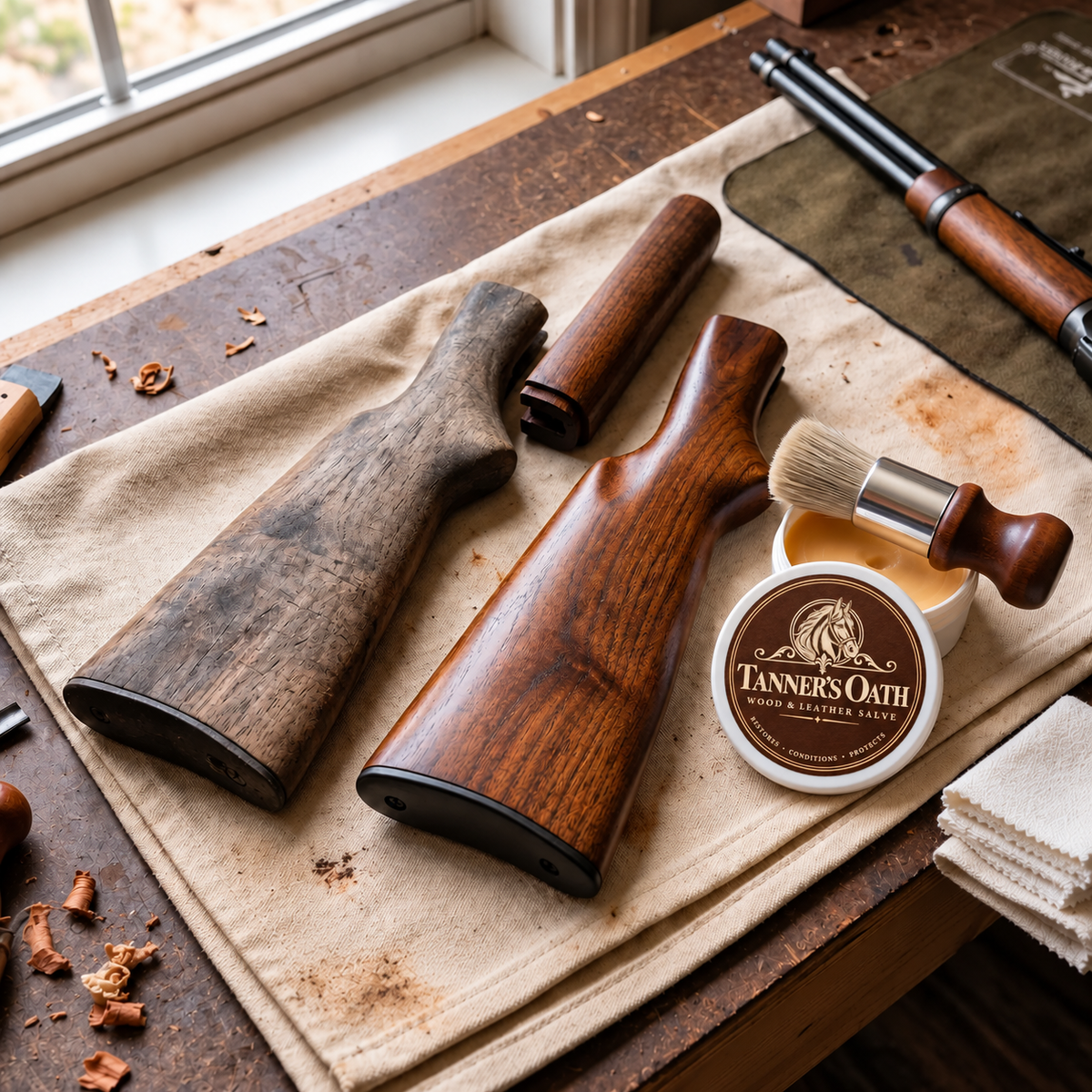 Untreated and treated lever-action stocks side by side