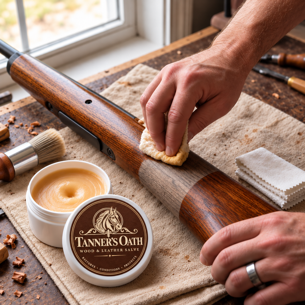 Rubbing Tanner's Oath into a rifle stock with a cloth
