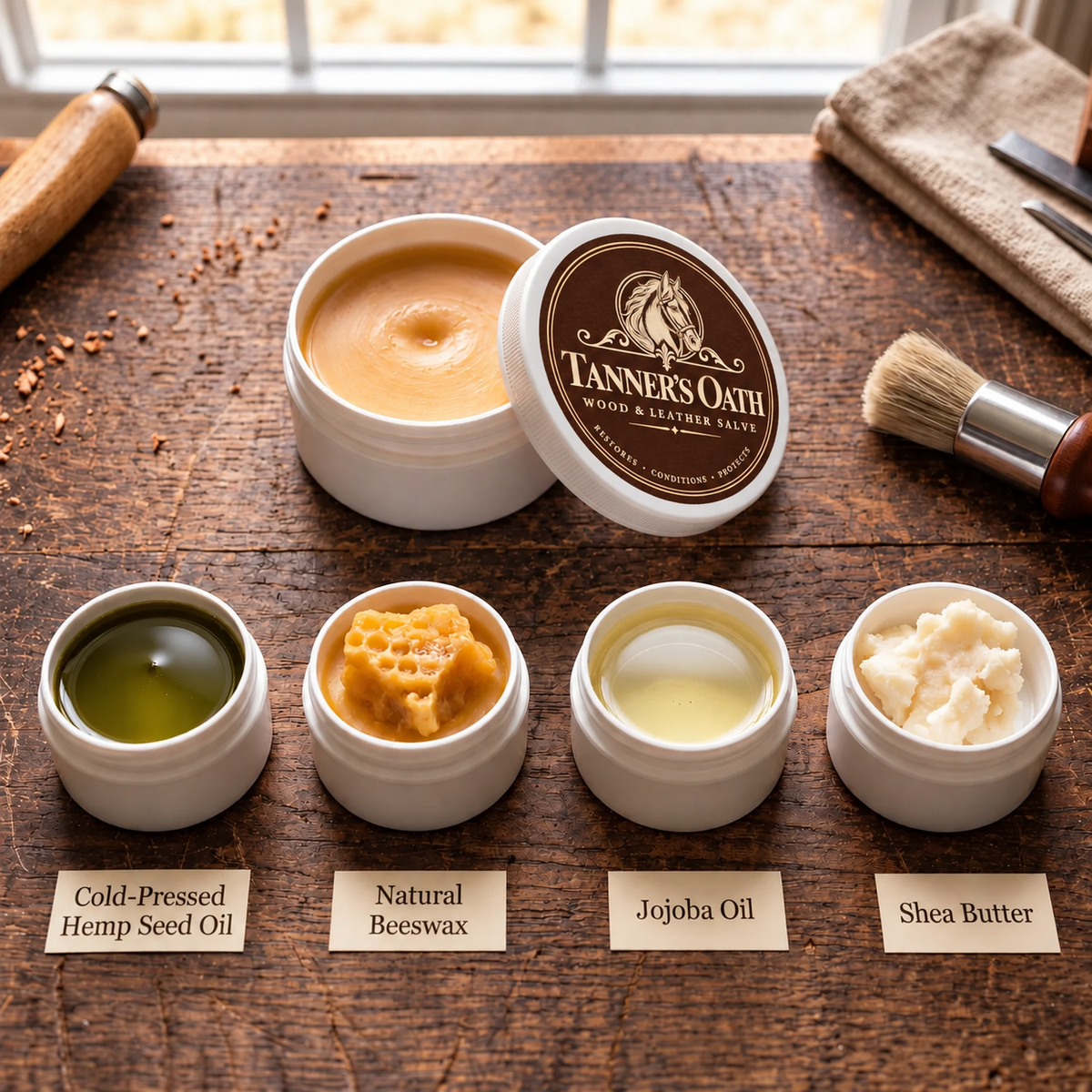 Tanner's Oath jar with its natural ingredients laid out