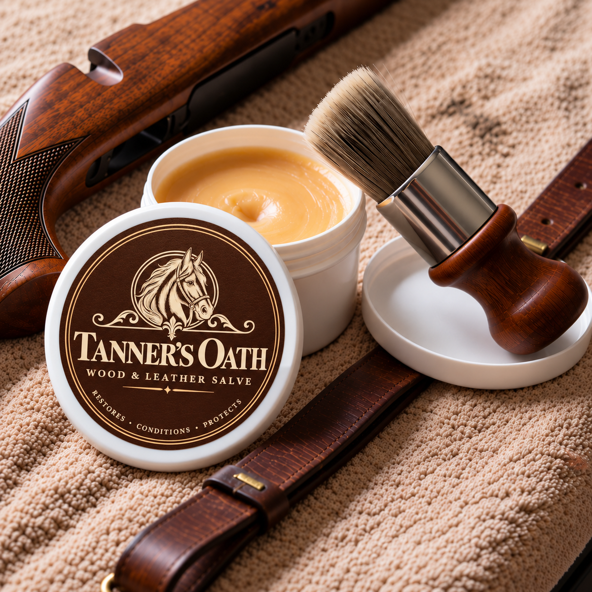 The open jar beside the brush, the stock and the sling