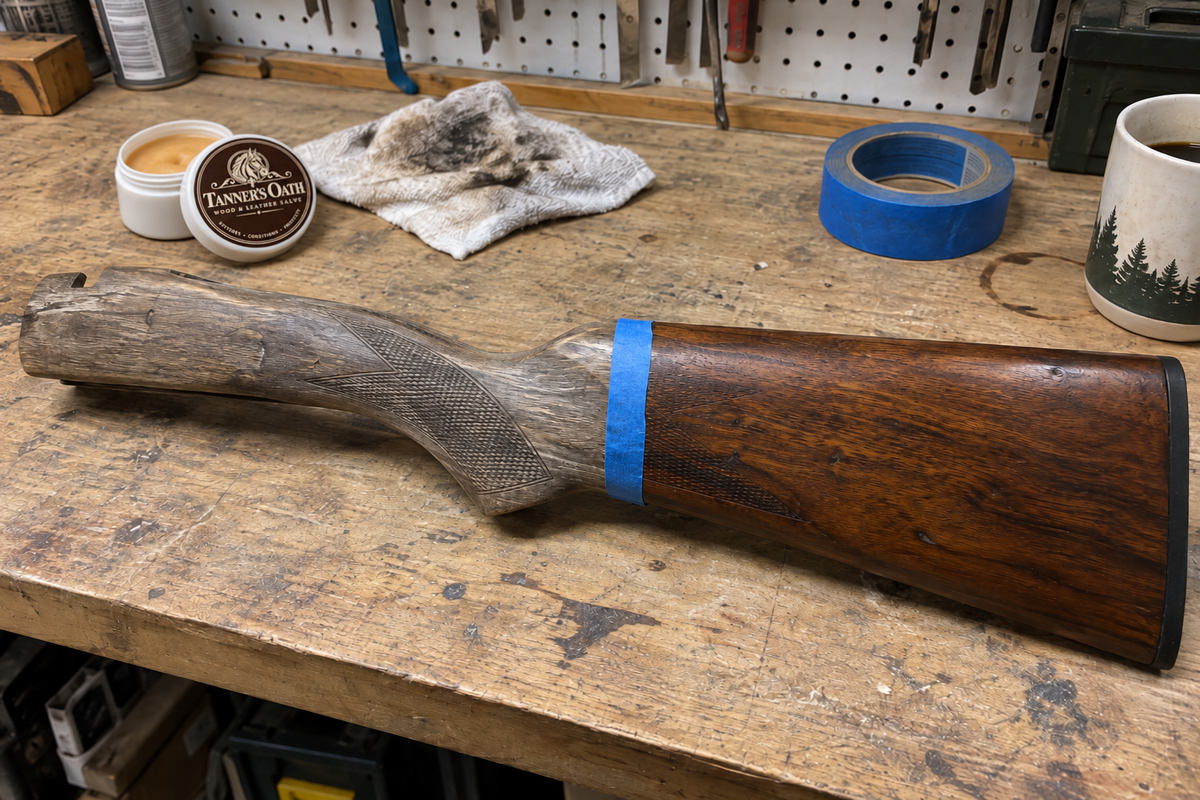 A stock taped at the wrist, treated on one side and grey on the other