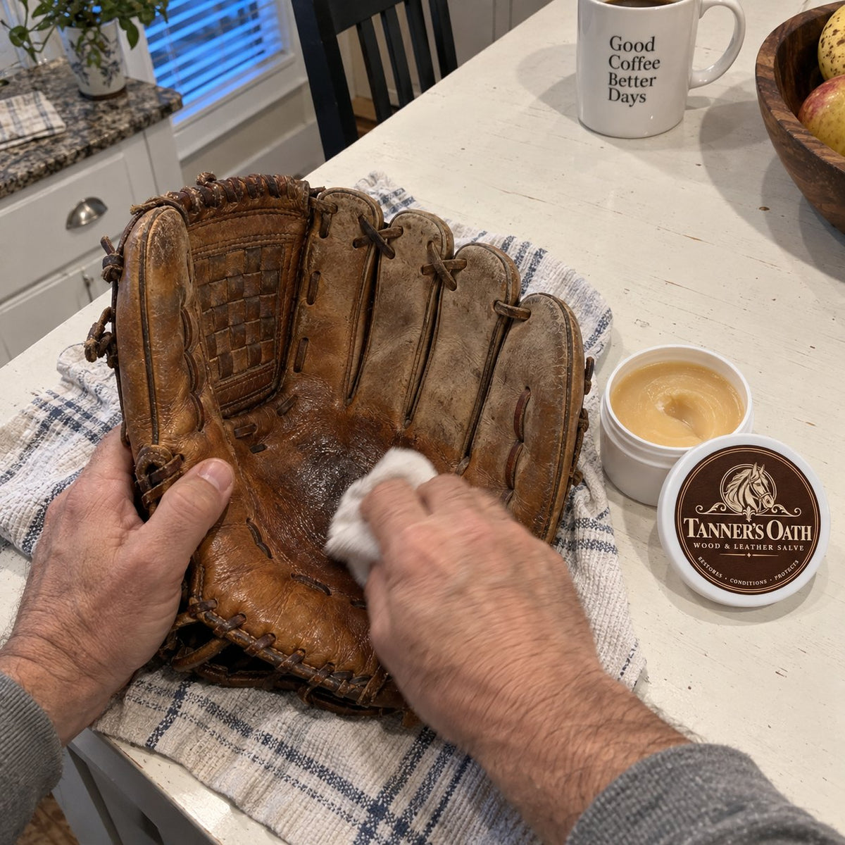 Rubbing Tanner's Oath into the pocket of an old baseball glove with a cloth