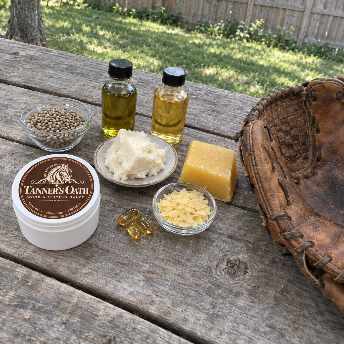 Tanner's Oath jar with its natural ingredients laid out on a picnic table, a glove beside it