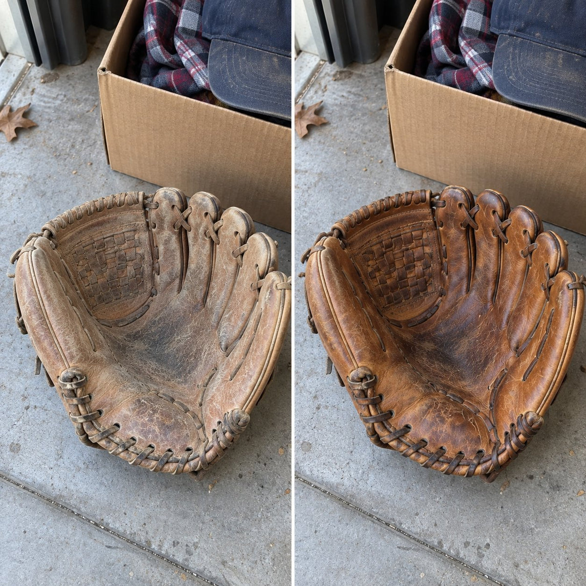 Before and after: the same old baseball glove, dried out and then revived