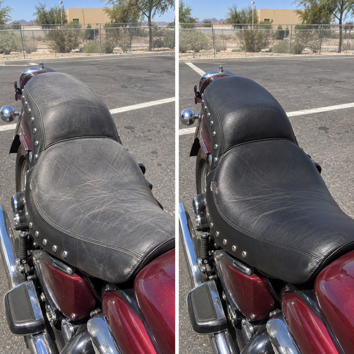Before and after: sun-baked leather seat and the same seat revived
