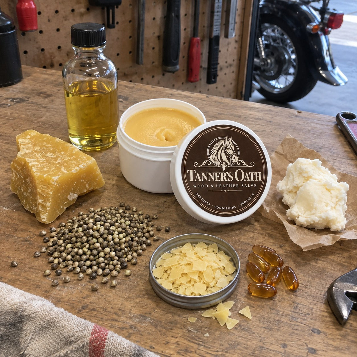 Tanner's Oath jar with its natural ingredients laid out on a garage bench