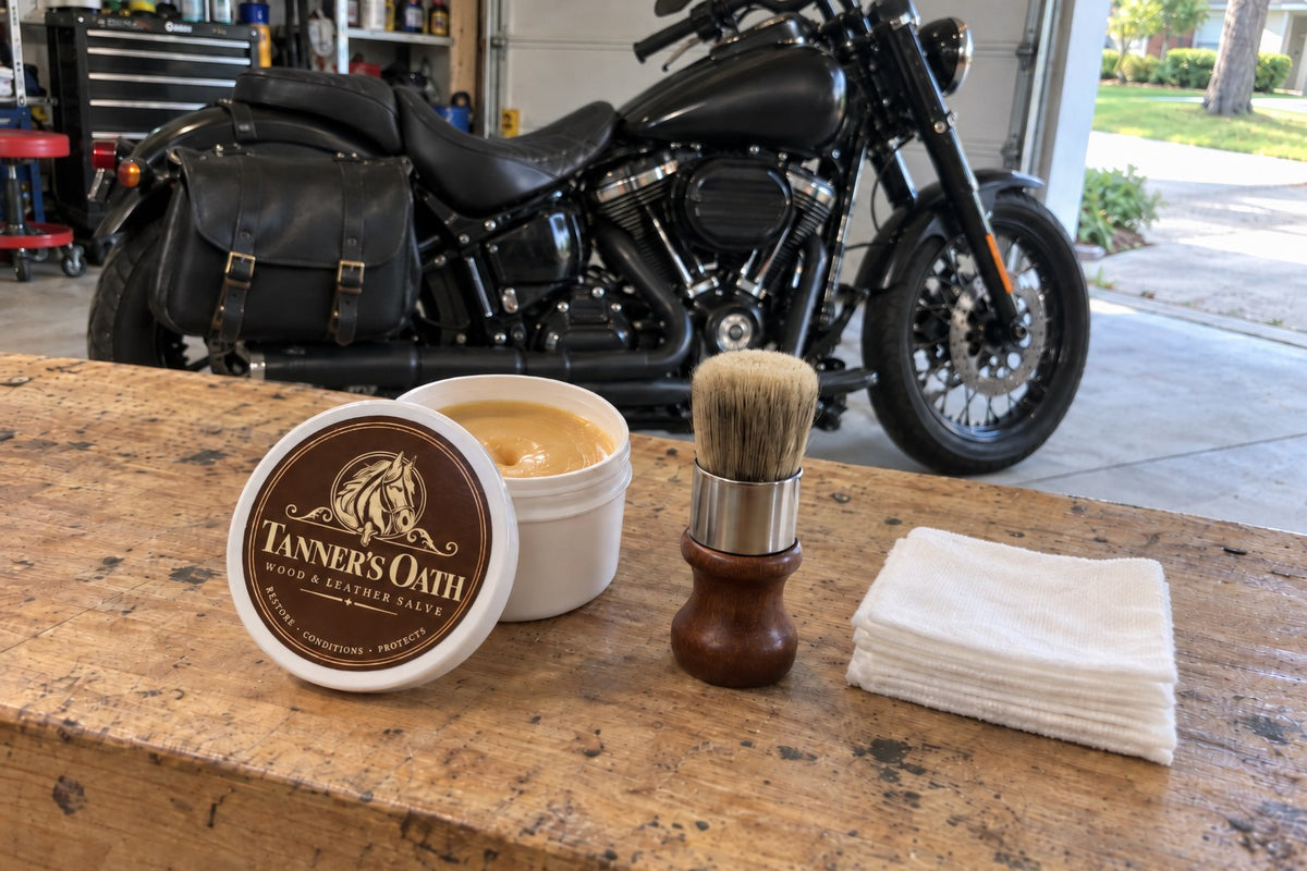 Tanner's Oath jar with free brush and wipes, a motorcycle behind