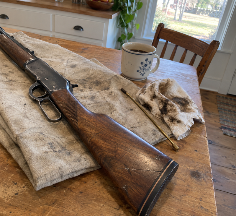 Wooden rifle stock resting on a workbench
