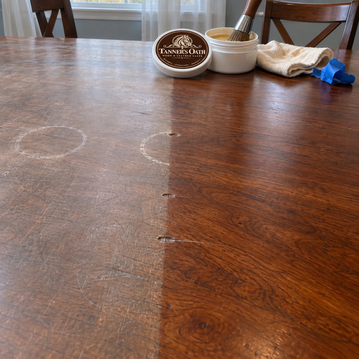A dining table top, dull with white rings on the left and treated and warm on the right, with the open Tanner's Oath jar and brush behind it