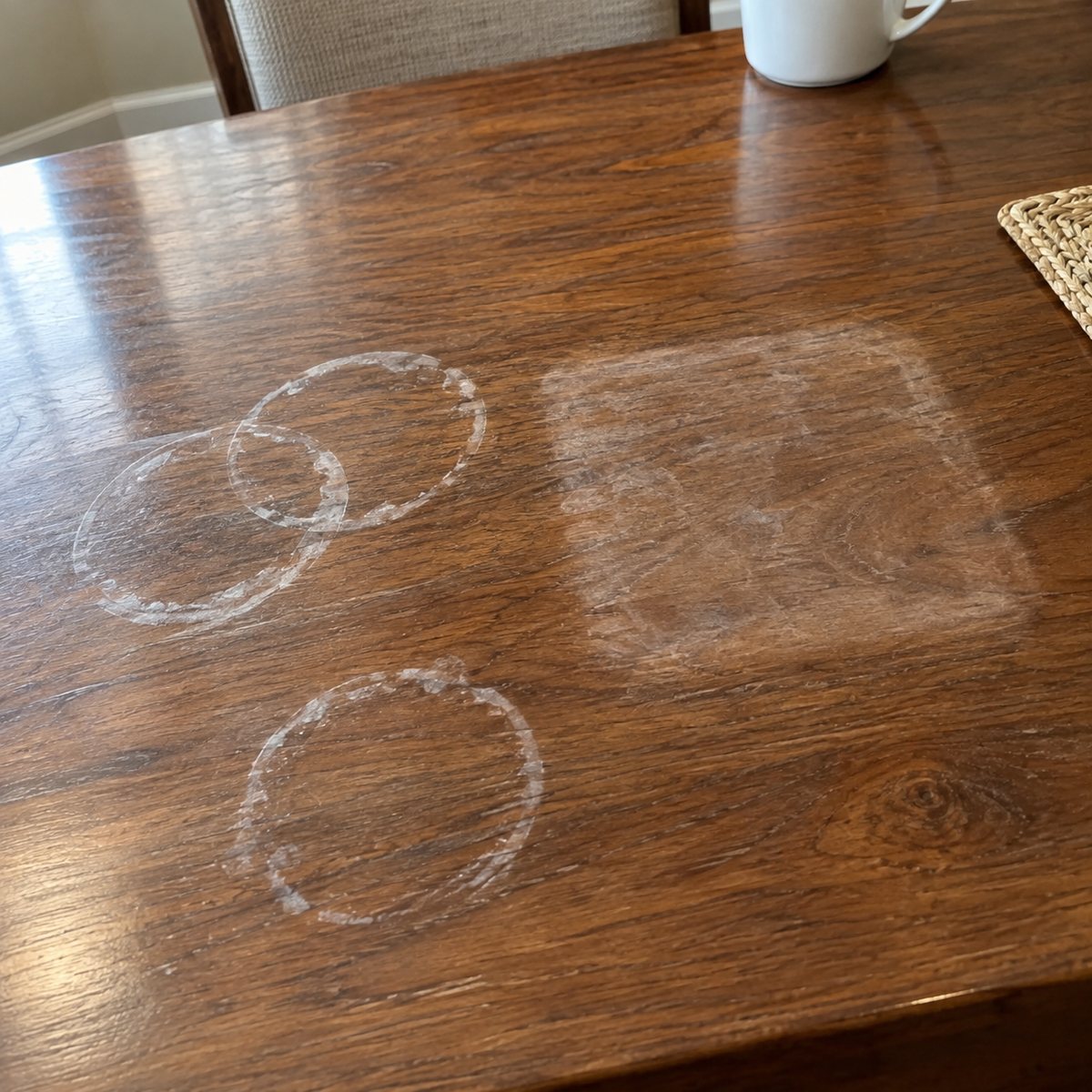 White water rings and a cloudy square heat mark on a wood dining table