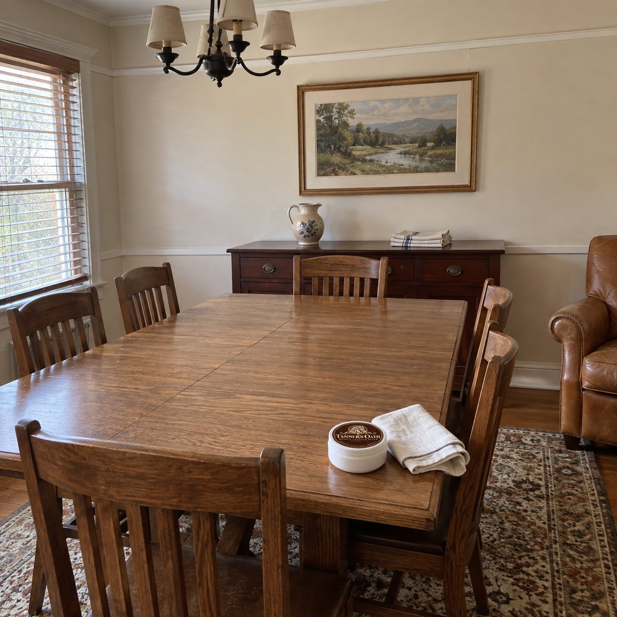 A dining room with the table leaves in, a sideboard behind it, a leather armchair and the Tanner's Oath jar on the table
