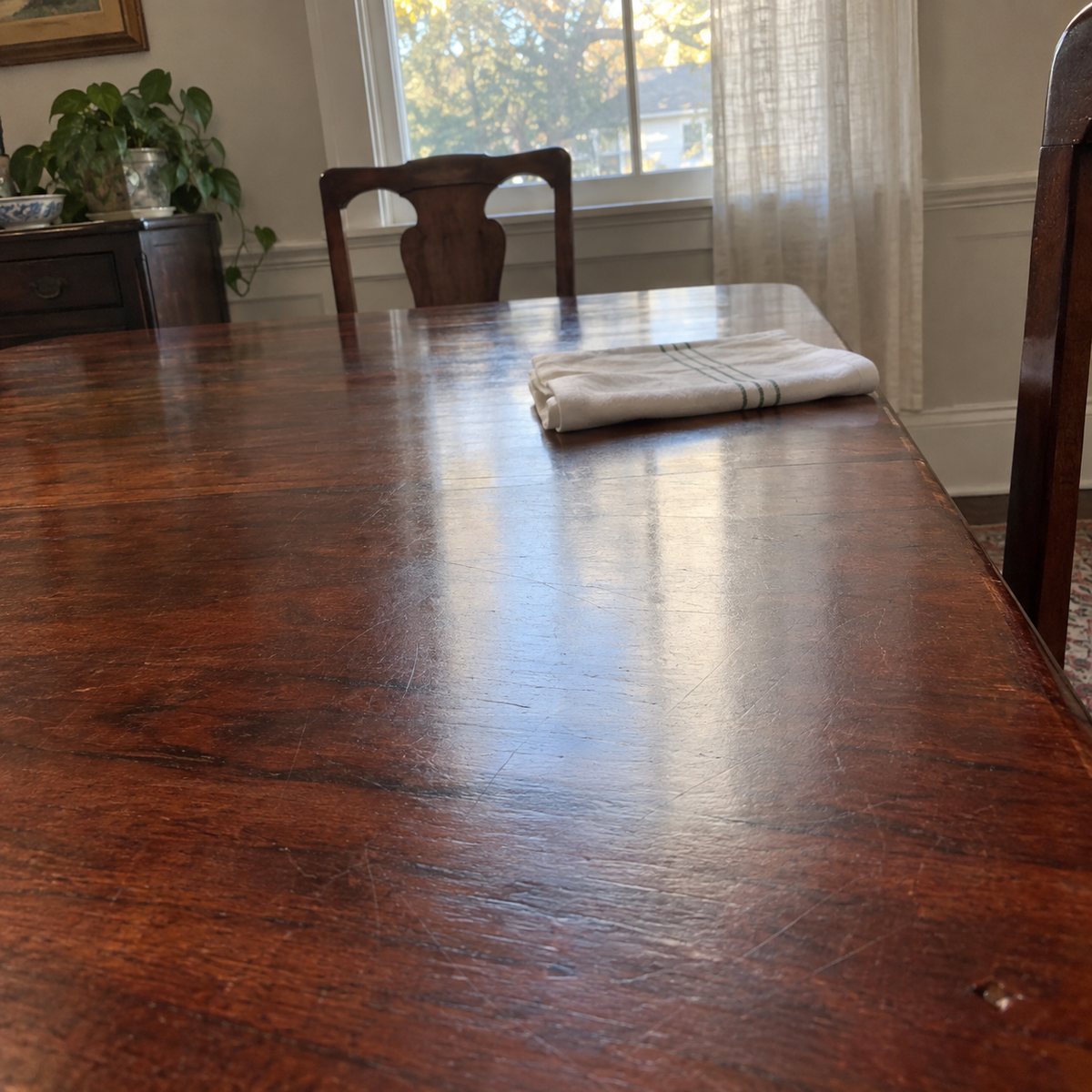 A wood dining table in window light with the grain showing and a soft sheen
