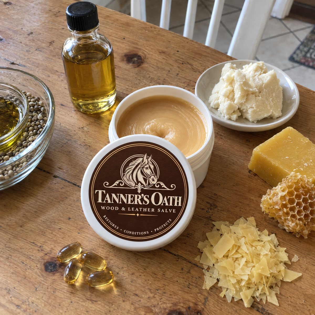 The open Tanner's Oath jar with hemp seed oil, jojoba oil, shea butter, beeswax, carnauba wax and vitamin E around it