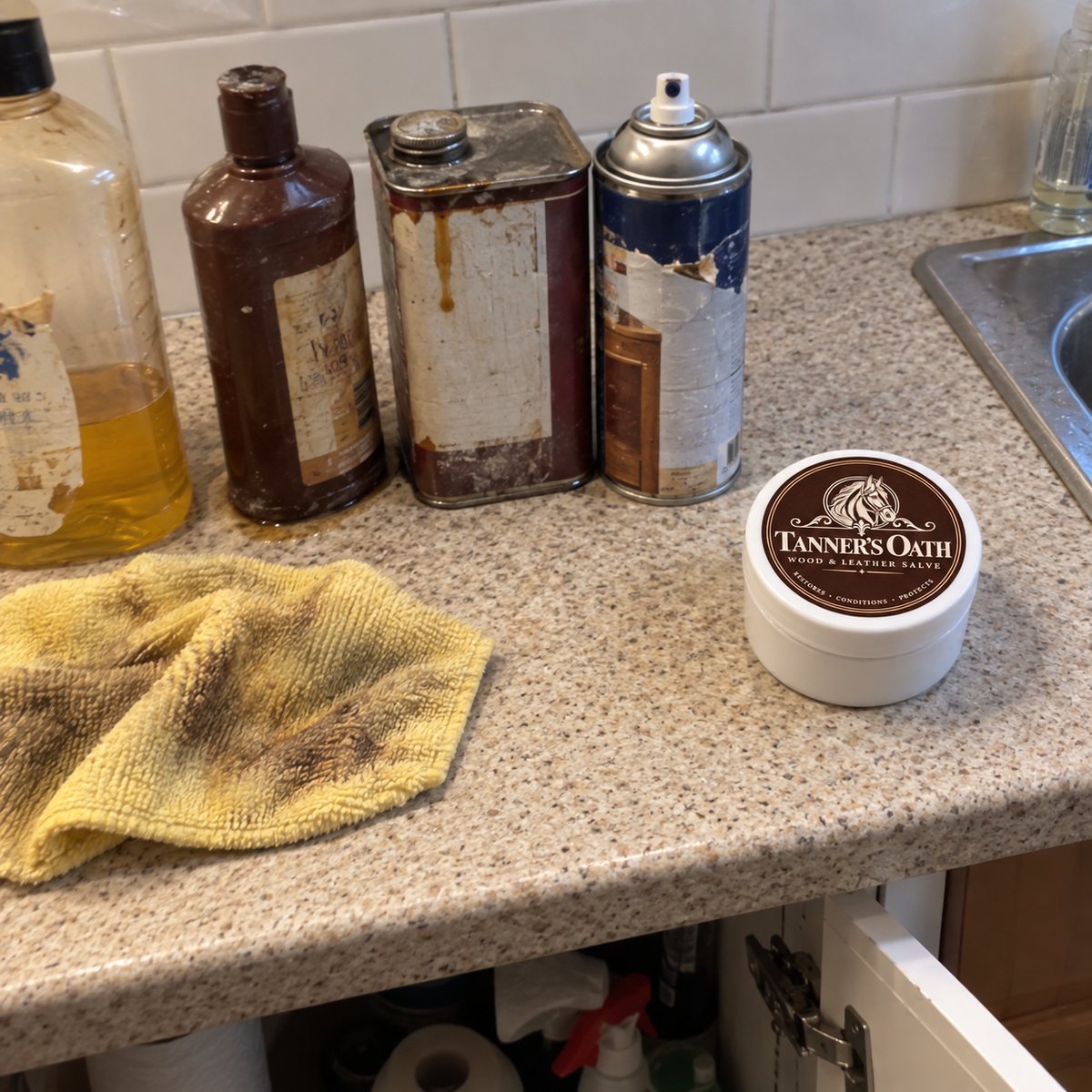 Four half-used bottles and cans of polish and restorer on a kitchen counter next to one jar of Tanner's Oath