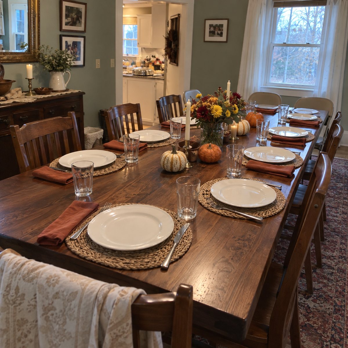 A wood dining table set for Thanksgiving on the bare wood, the tablecloth folded over a chair
