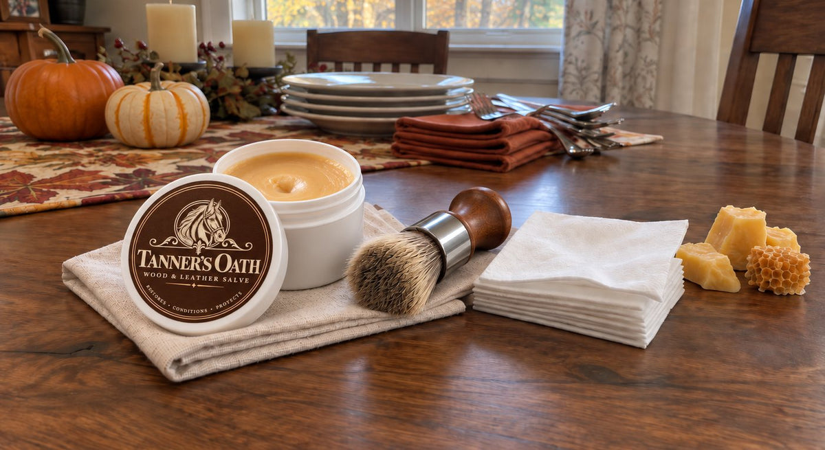 Tanner's Oath jar with the free brush and pre-cleaning wipes on a dining table being set for Thanksgiving