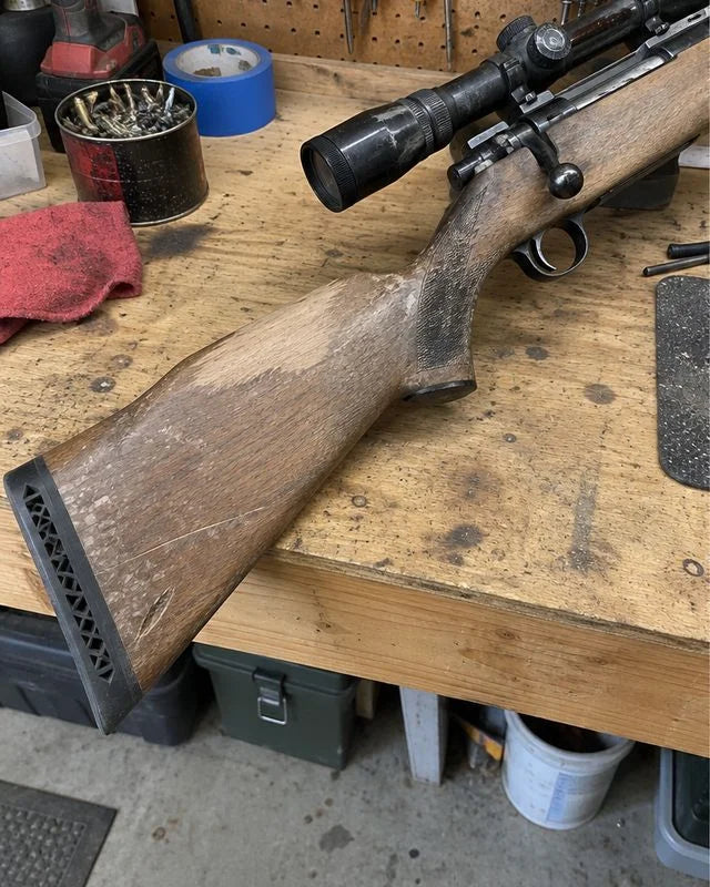 Scoped bolt-action rifle, stock gone grey and chalky, on a workbench