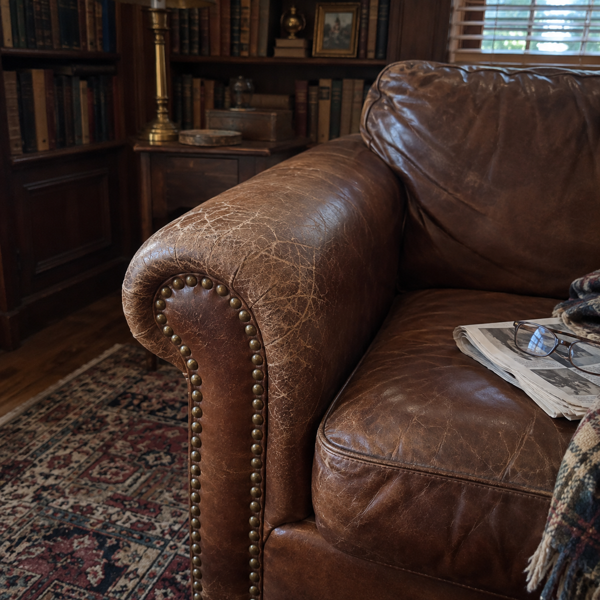 Cracked leather sofa arm under a throw