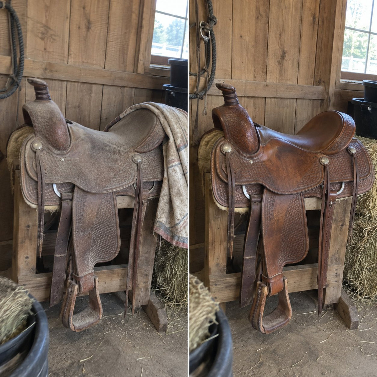 Before and after: dry Western saddle and the same saddle revived
