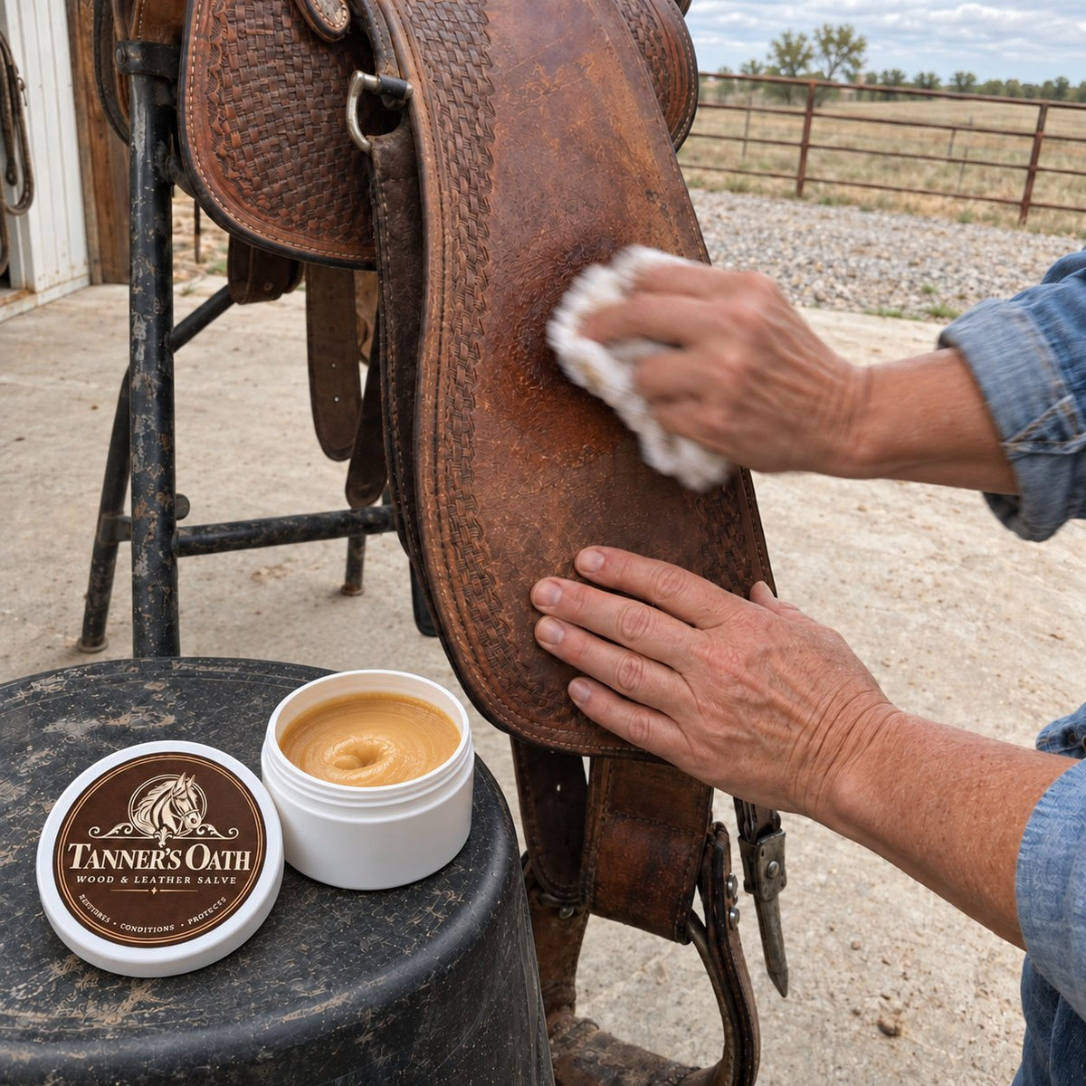 Rubbing Tanner's Oath into a saddle fender with a cloth