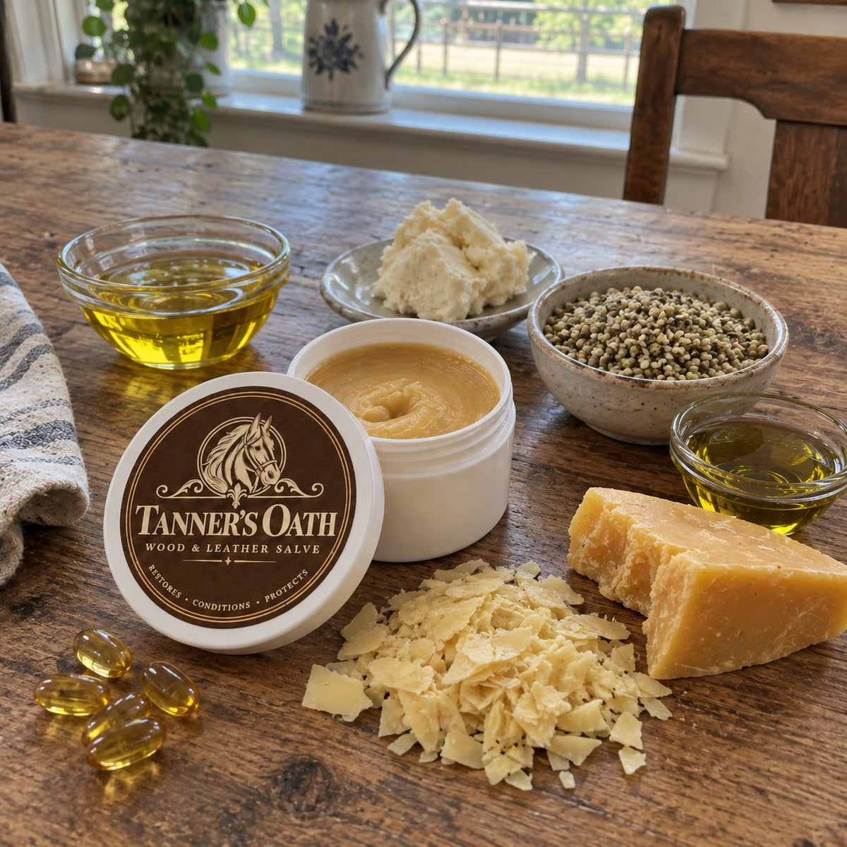 Tanner's Oath jar with its natural ingredients laid out