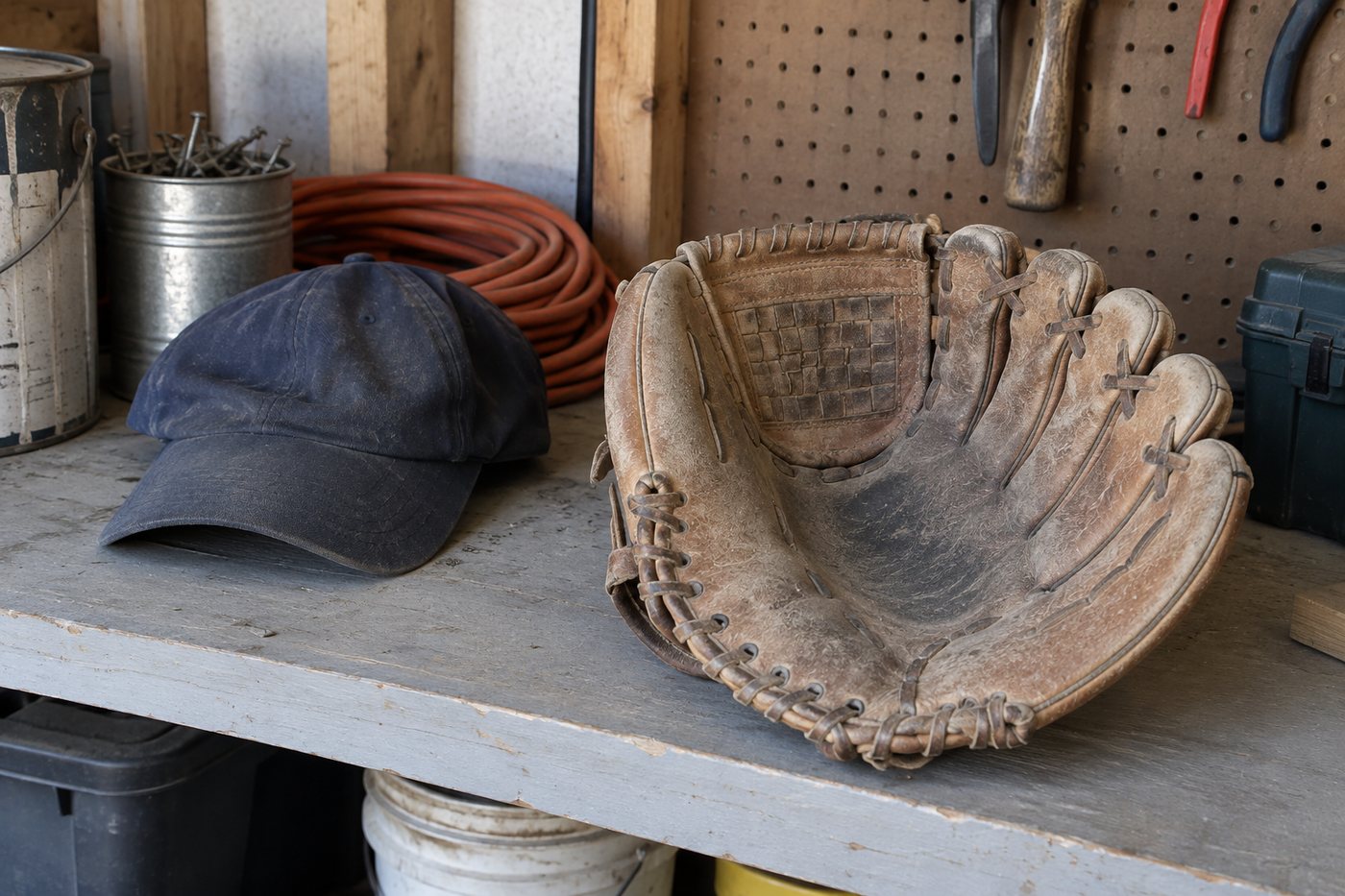 The glove as found on a garage shelf: grey, dusty, stiff