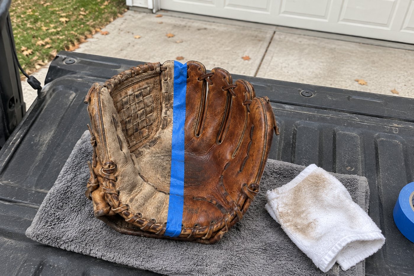 A glove on a truck tailgate, taped down the middle: treated on one side, dried out on the other