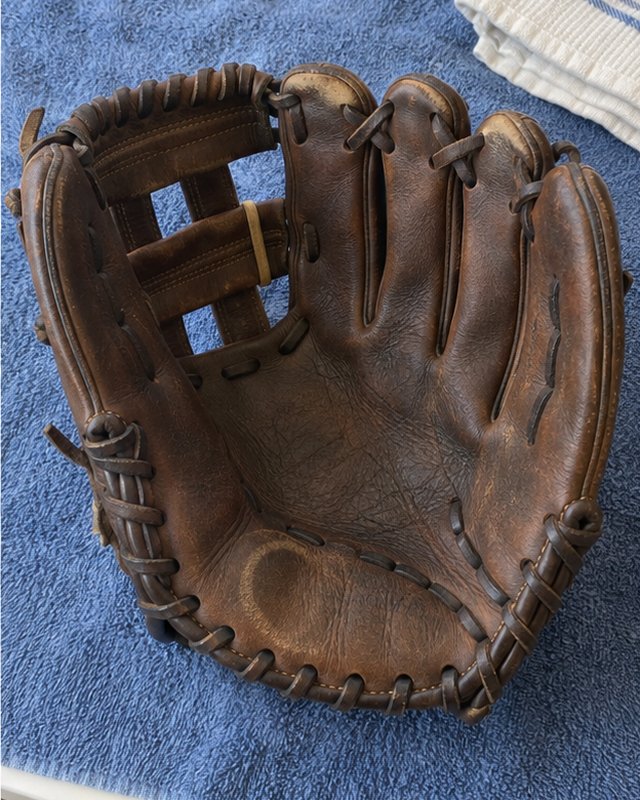 Illustration: A dark brown H-web glove on a towel, after