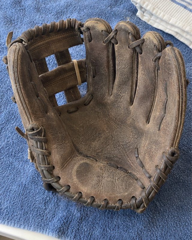 Illustration: A dark brown H-web glove on a towel, before