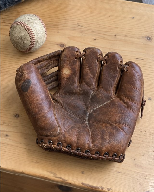 Illustration: A glove from the 1950s on a pine chest, after