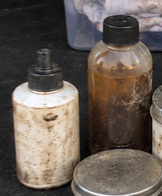 Two used bottles of thin glove oil, greyed out