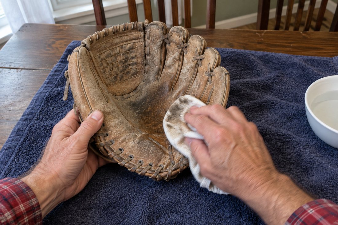 Wiping the dust and dirt off a dried-out glove with a damp cloth