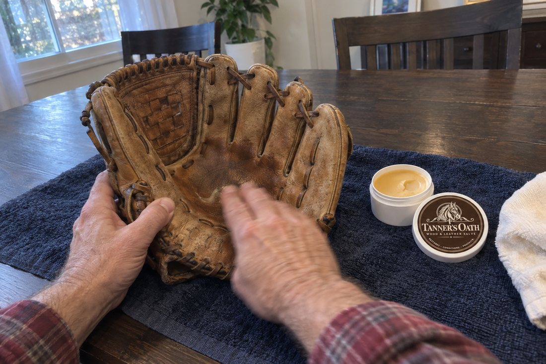Rubbing a thin coat into the pocket with the fingertips, the open jar beside the glove