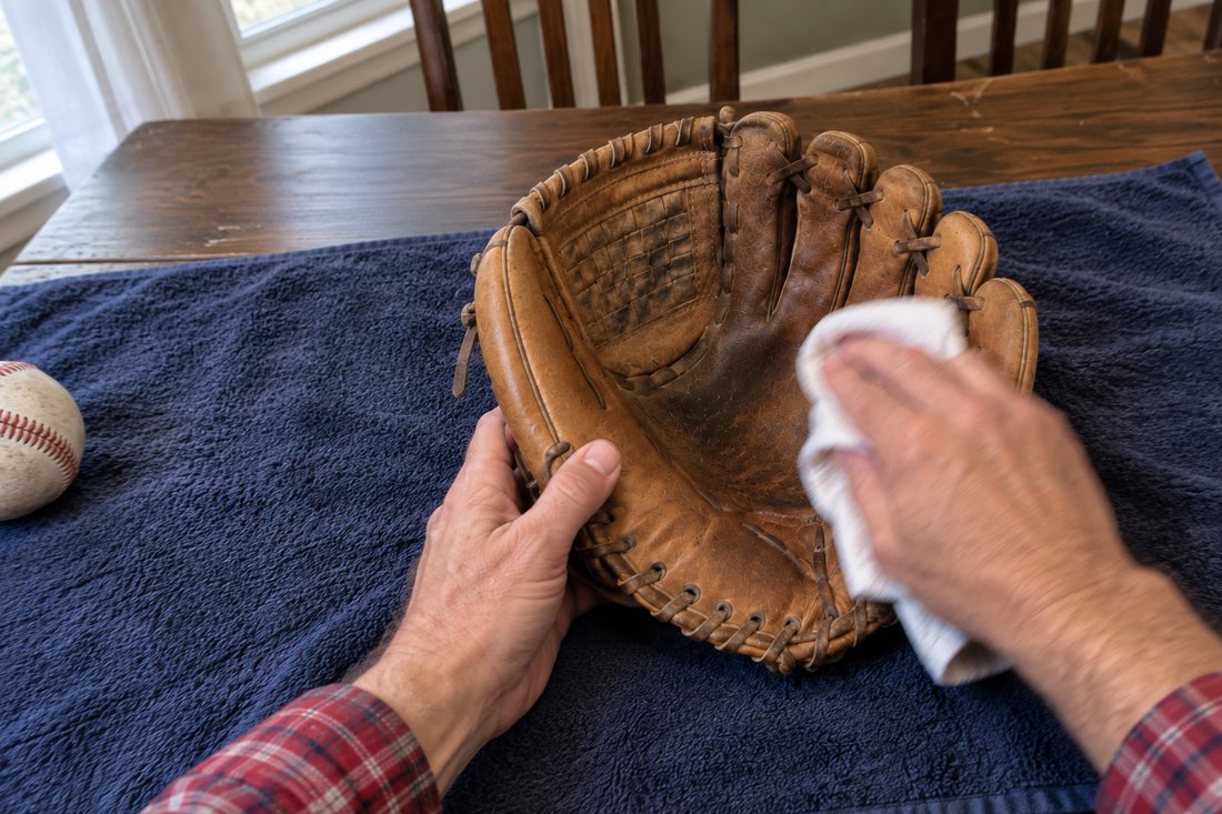 Buffing the glove dry with a clean cloth, a baseball waiting beside it