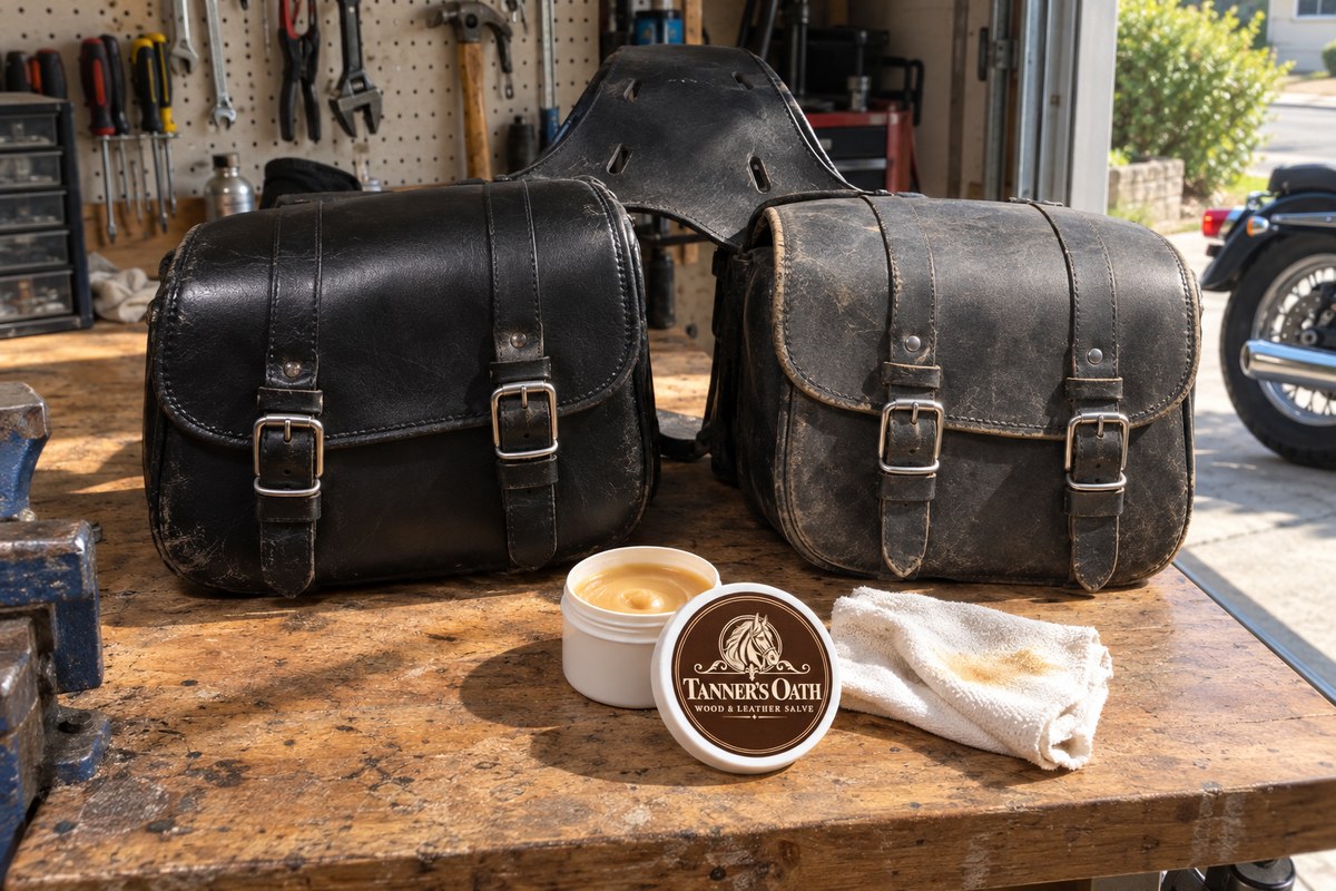 A pair of saddlebags on a garage workbench, one treated and one waiting, the open jar and a cloth in front