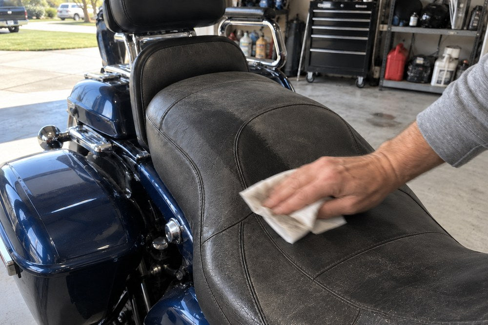 Wiping road film off the seat with a pre-cleaning wipe