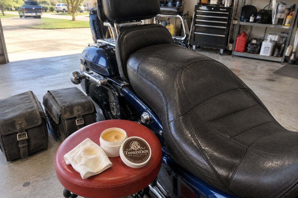 The seat resting with the jar open, saddlebags off the bike beside it
