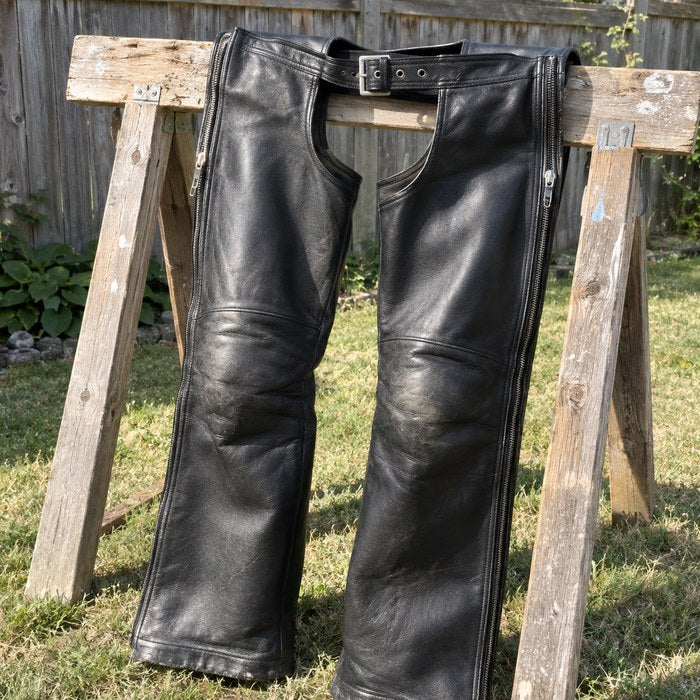 Black leather chaps over a sawhorse