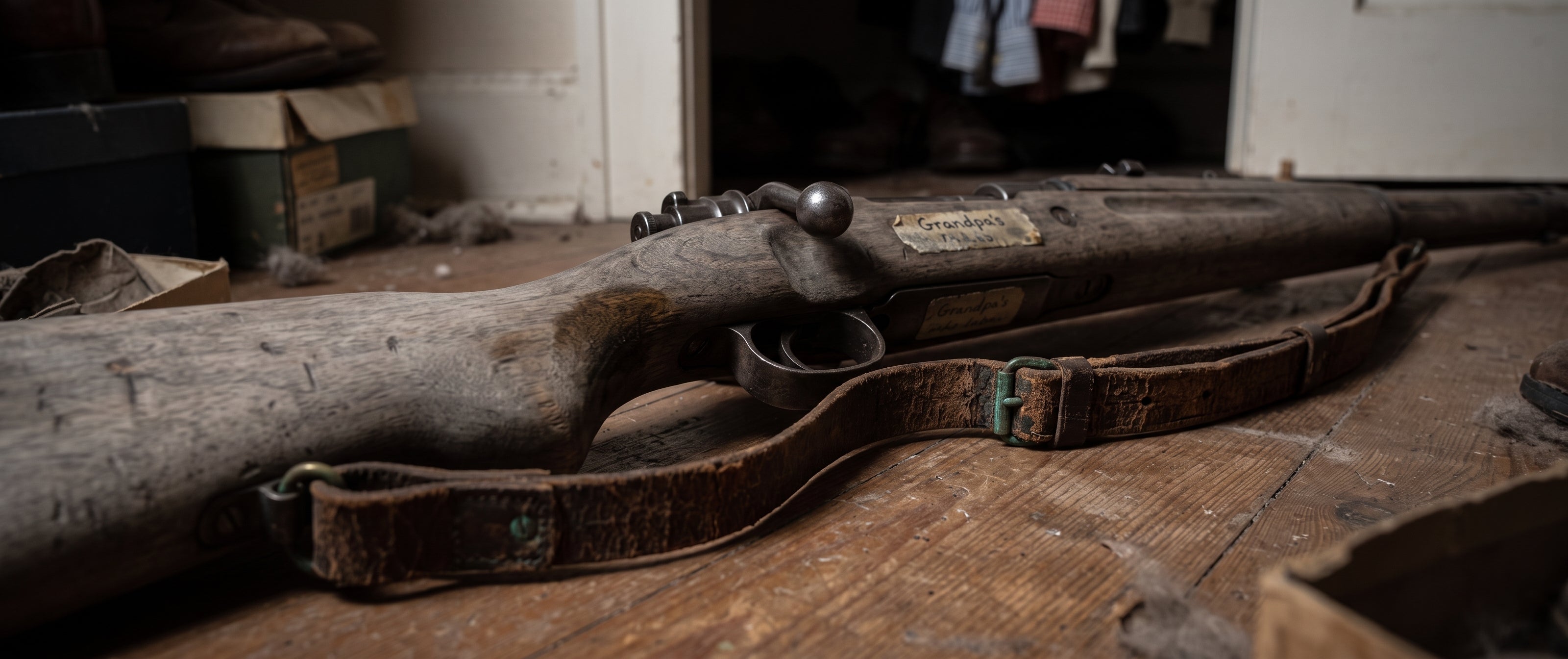 The rifle as found on the closet floor: grey stock, cracked sling