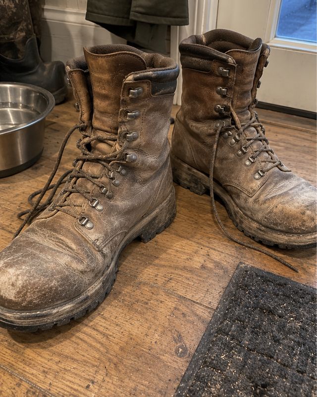 Dry, salt-stained leather hunting boots by the door