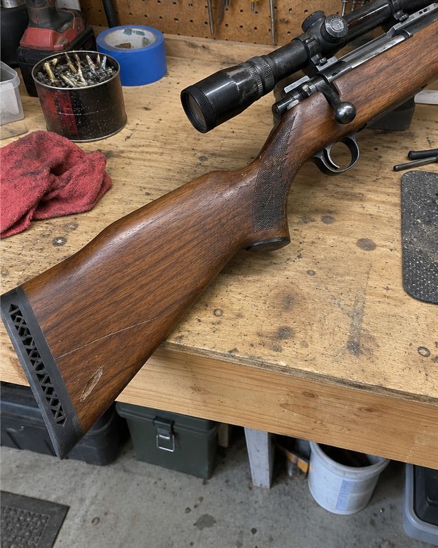 The same rifle after the salve, colour back in the walnut, dings still there