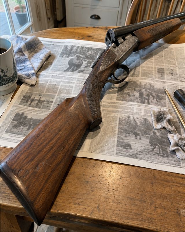 The same shotgun after the salve, stock deep brown again