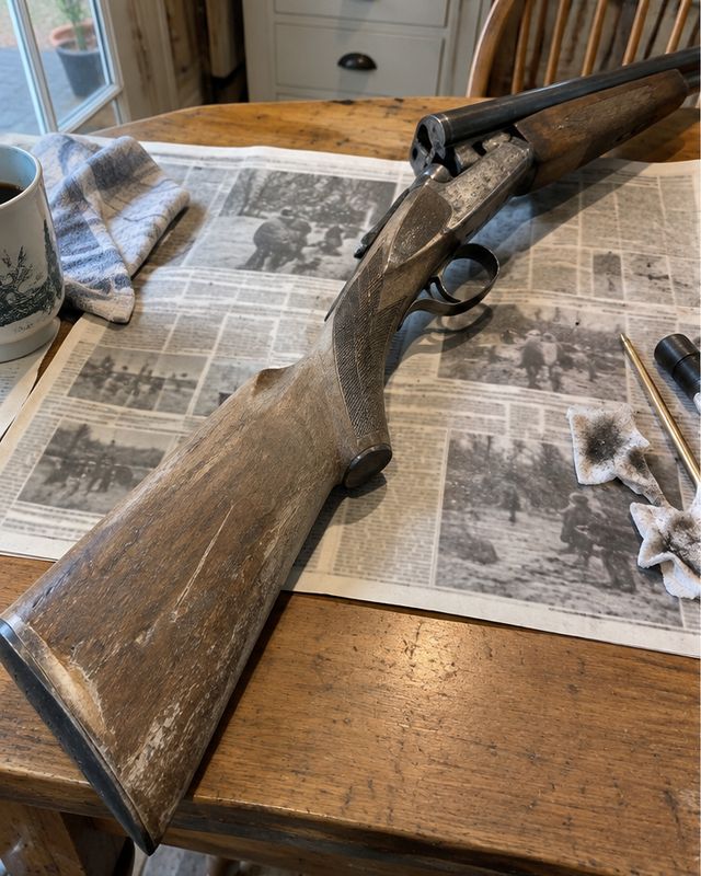 Old side-by-side shotgun with a dry, faded stock on a kitchen table