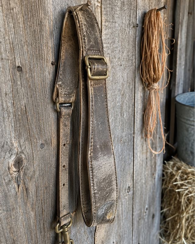 Cracked, grey leather rifle sling hanging on a barn wall