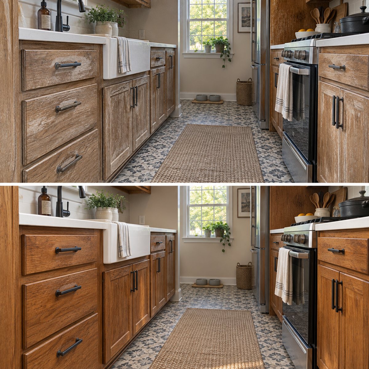 Before and after of the same galley kitchen: dull, faded cabinet fronts above, warm and even below