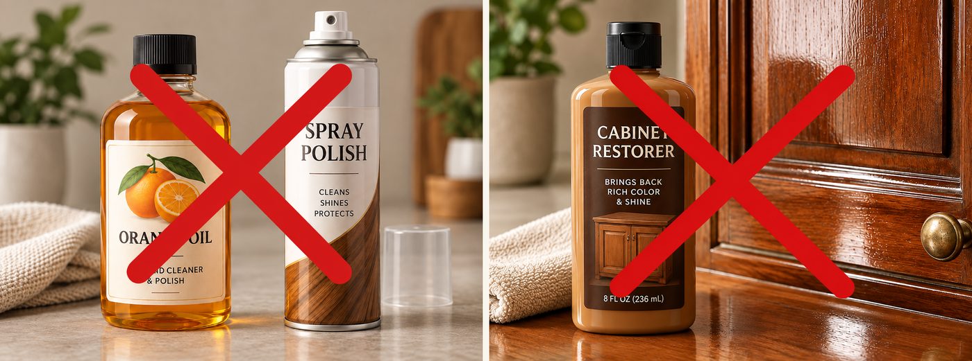 The bottles most people try first: orange oil, spray polish and a pour-on cabinet restorer, crossed out